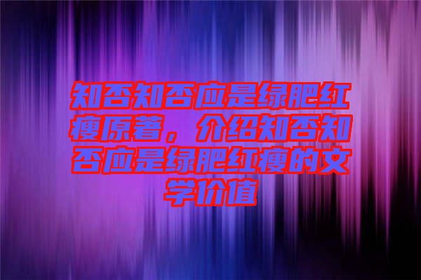 知否知否應是綠肥紅瘦原著，介紹知否知否應是綠肥紅瘦的文學價值